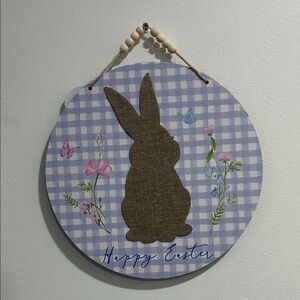 NWT-Brown Bunny- Happy Easter Round Decor Sign w/ Blue & Pink Florals & 🦋s